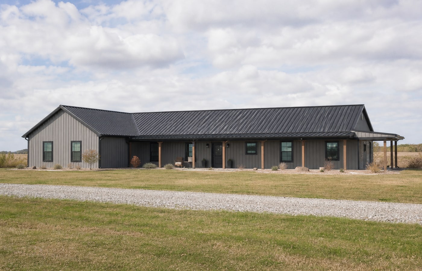Wide barndominium exterior on open land