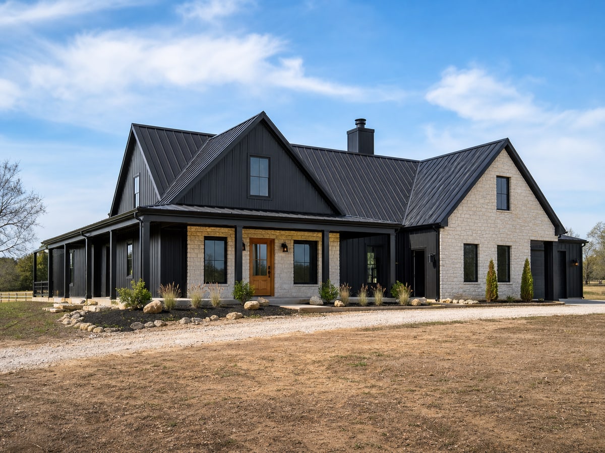 Black metal and stone barndominium exterior