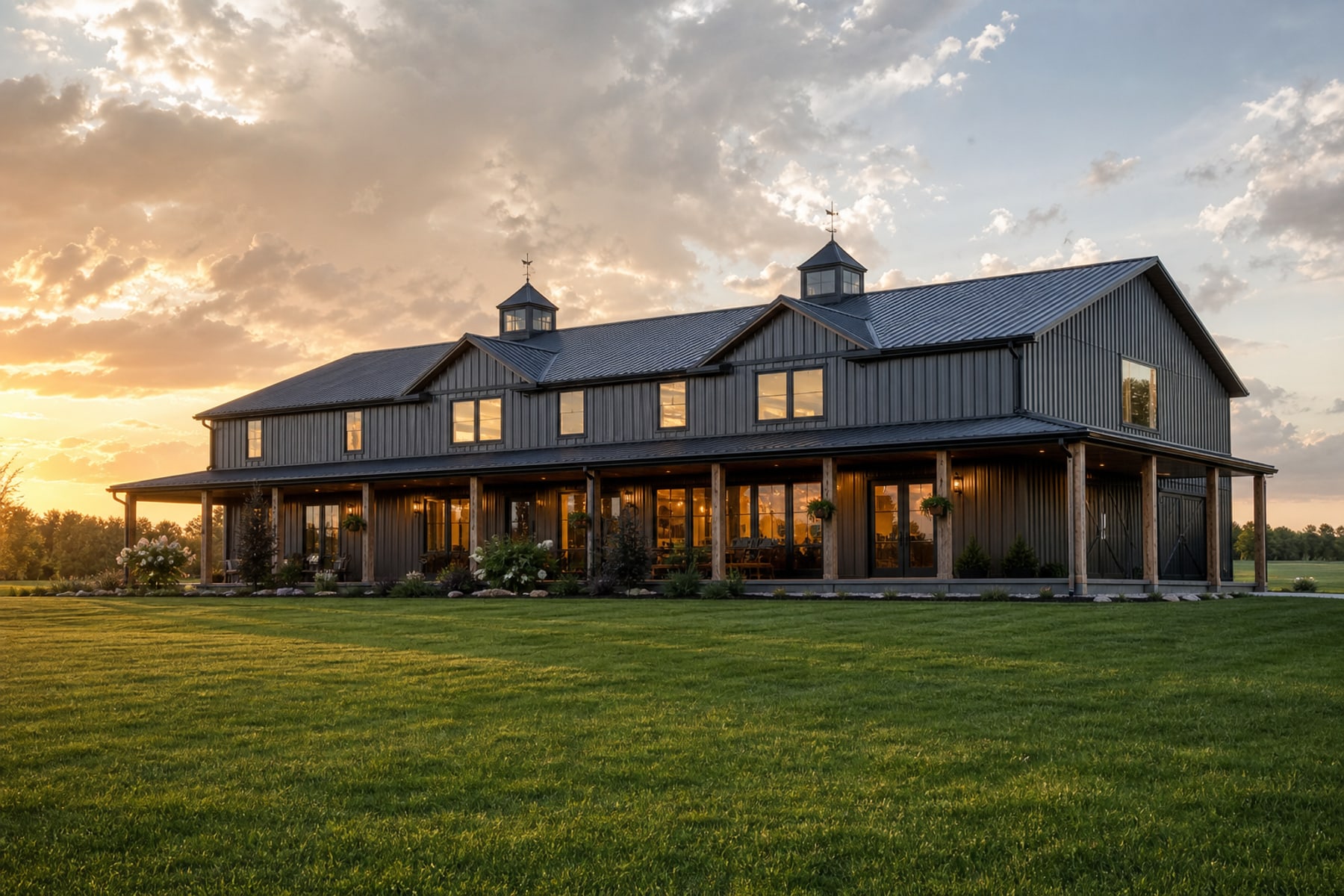 Large modern barndominium exterior with metal siding, porch, and open lawn